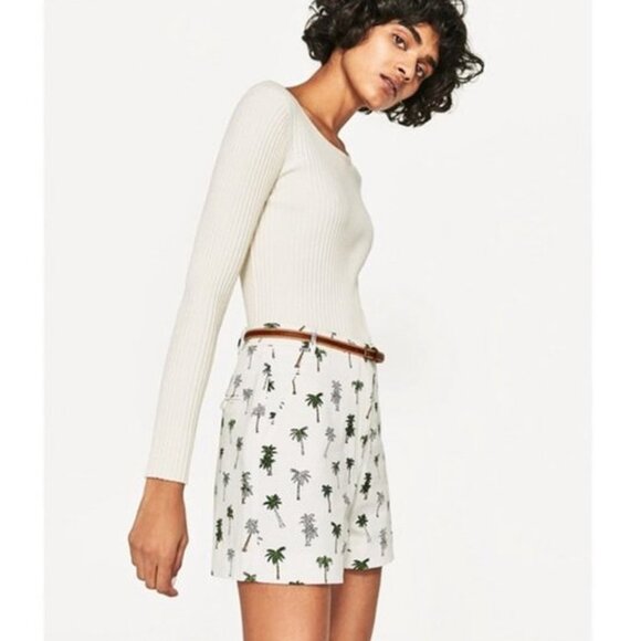 Zara Palm Tree Shorts Belted Stretch Tropical High Waist White Green Tan XS - Picture 2 of 10